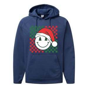 Retro Groovy Christmas Smile Face Santa Checkered N Gift Performance Fleece Hoodie