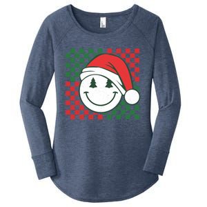 Retro Groovy Christmas Smile Face Santa Checkered N Gift Women's Perfect Tri Tunic Long Sleeve Shirt