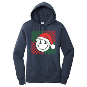 Retro Groovy Christmas Smile Face Santa Checkered N Gift Women's Pullover Hoodie