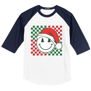 Retro Groovy Christmas Smile Face Santa Checkered N Gift Baseball Sleeve Shirt