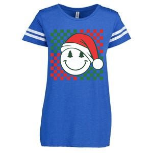 Retro Groovy Christmas Smile Face Santa Checkered N Gift Enza Ladies Jersey Football T-Shirt