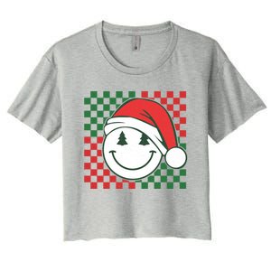 Retro Groovy Christmas Smile Face Santa Checkered N Gift Women's Crop Top Tee