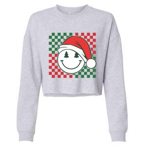 Retro Groovy Christmas Smile Face Santa Checkered N Gift Cropped Pullover Crew