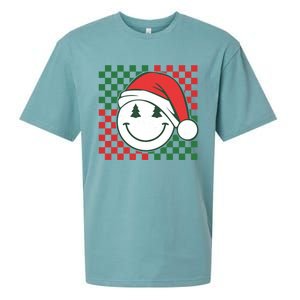 Retro Groovy Christmas Smile Face Santa Checkered N Gift Sueded Cloud Jersey T-Shirt