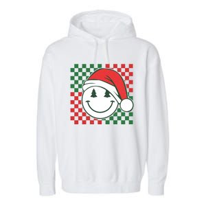 Retro Groovy Christmas Smile Face Santa Checkered N Gift Garment-Dyed Fleece Hoodie