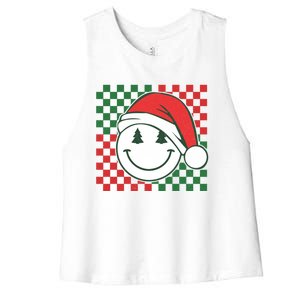 Retro Groovy Christmas Smile Face Santa Checkered N Gift Women's Racerback Cropped Tank