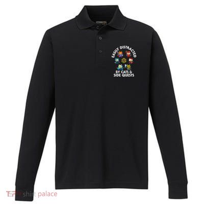 Rpg Gamer Cats Side Quests D20 Dice Nerdy Cat Performance Long Sleeve Polo