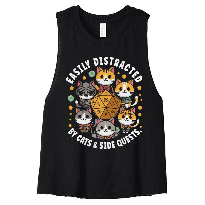 Rpg Gamer Cats Easily Distracted Side Quests Gaming Dice Women's Racerback Cropped Tank