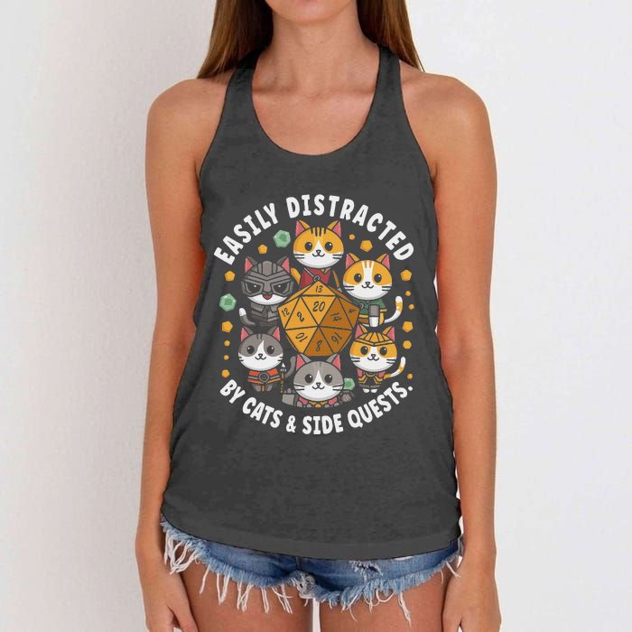 Rpg Gamer Cats Easily Distracted Side Quests Gaming Dice Women's Knotted Racerback Tank