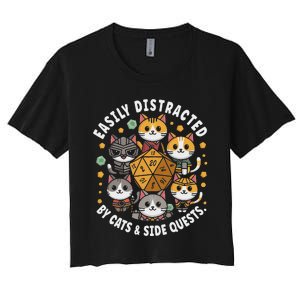 Rpg Gamer Cats Easily Distracted Side Quests Gaming Dice Women's Crop Top Tee