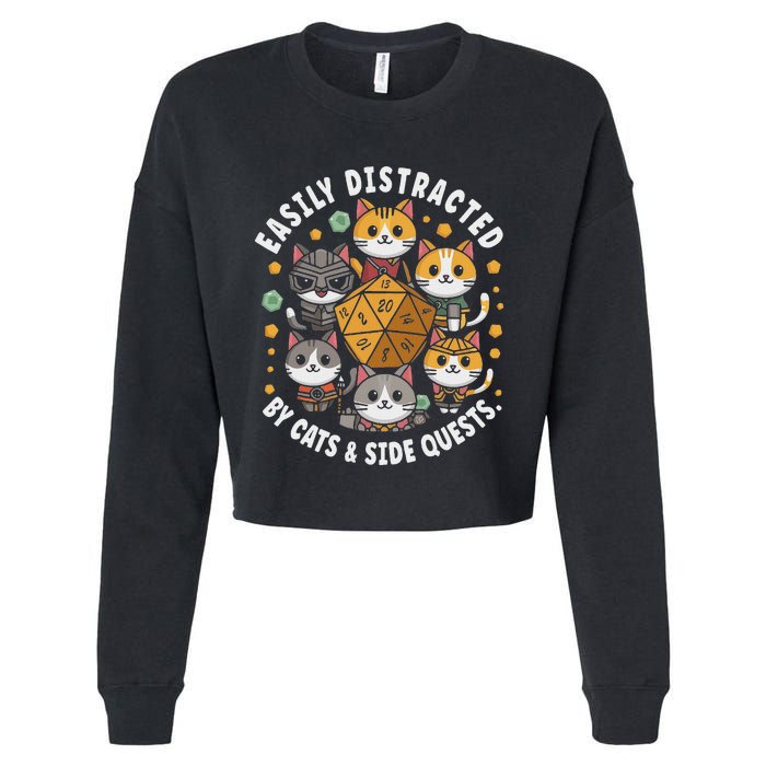 Rpg Gamer Cats Easily Distracted Side Quests Gaming Dice Cropped Pullover Crew