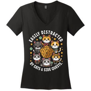 Rpg Gamer Cats Easily Distracted Side Quests Gaming Dice Women's V-Neck T-Shirt