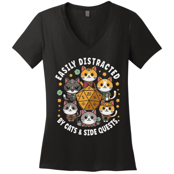 Rpg Gamer Cats Easily Distracted Side Quests Gaming Dice Women's V-Neck T-Shirt