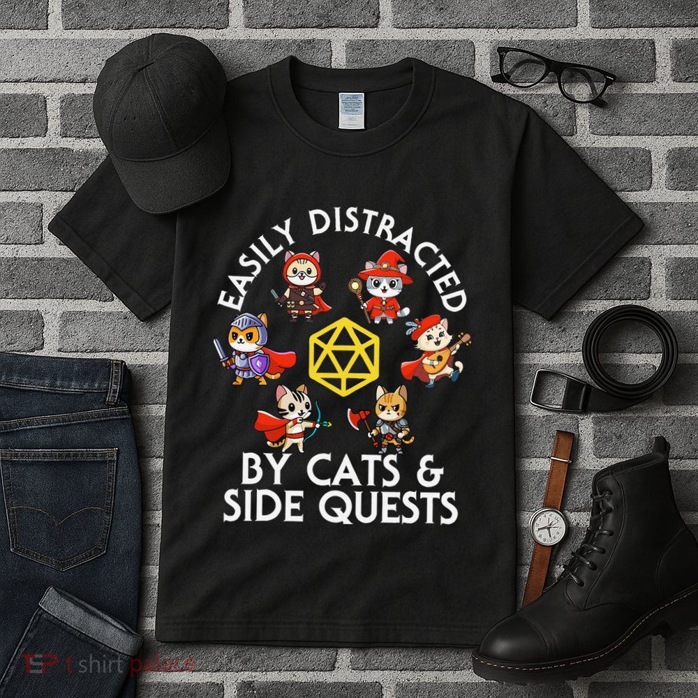 Rpg Gamer Cats Side Quests D20 Dice Nerdy Cat Tall T-Shirt