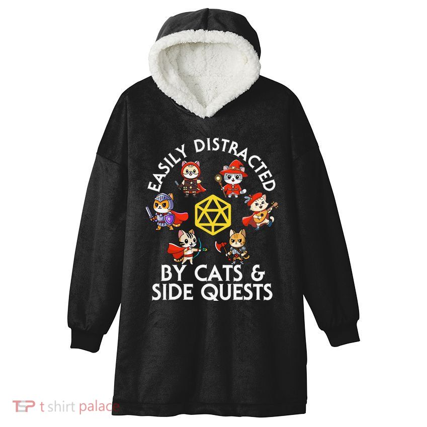 Rpg Gamer Cats Side Quests D20 Dice Nerdy Cat Hooded Wearable Blanket