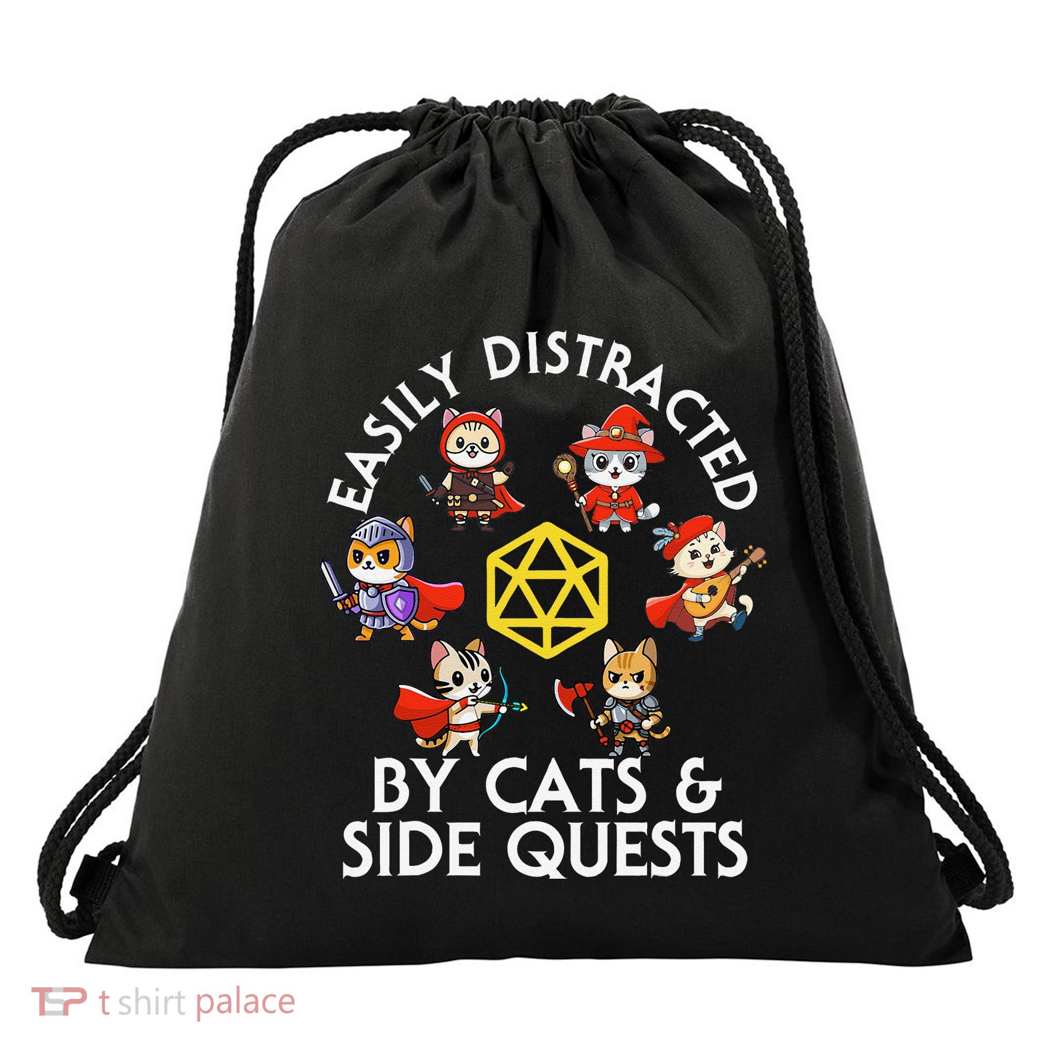 Rpg Gamer Cats Side Quests D20 Dice Nerdy Cat Drawstring Bag