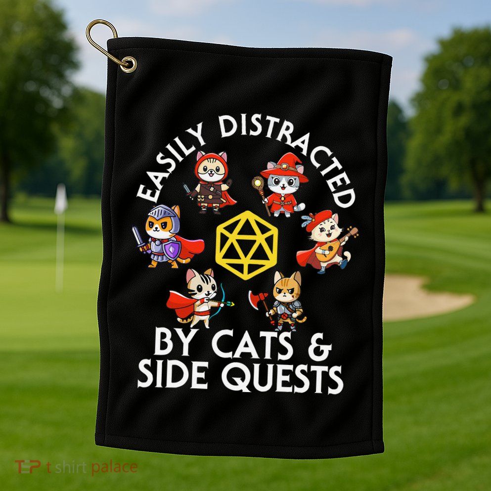Rpg Gamer Cats Side Quests D20 Dice Nerdy Cat Golf Towel