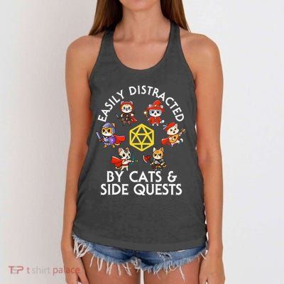 Rpg Gamer Cats Side Quests D20 Dice Nerdy Cat Women's Knotted Racerback Tank