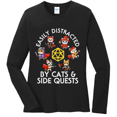 Rpg Gamer Cats Side Quests D20 Dice Nerdy Cat Ladies Long Sleeve Shirt
