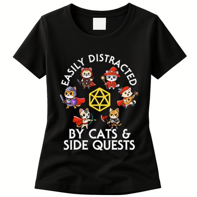 Rpg Gamer Cats Side Quests D20 Dice Nerdy Cat Womens T-Shirt