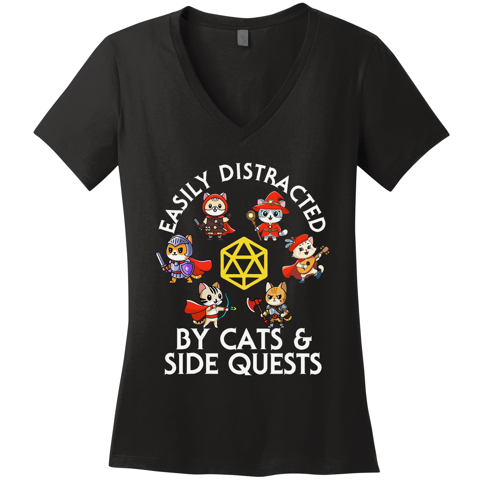 Rpg Gamer Cats Side Quests D20 Dice Nerdy Cat Women's V-Neck T-Shirt