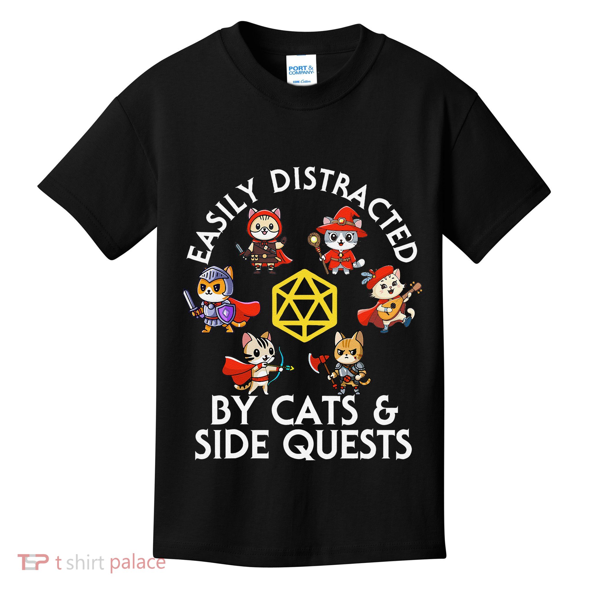 Rpg Gamer Cats Side Quests D20 Dice Nerdy Cat Kids T-Shirt