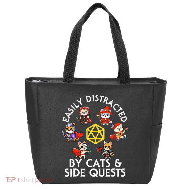 Rpg Gamer Cats Side Quests D20 Dice Nerdy Cat Zip Tote Bag