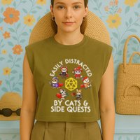 Rpg Gamer Cats Side Quests D20 Dice Nerdy Cat Garment-Dyed Women's Muscle Tee