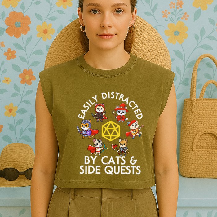 Rpg Gamer Cats Side Quests D20 Dice Nerdy Cat Garment-Dyed Women's Muscle Tee