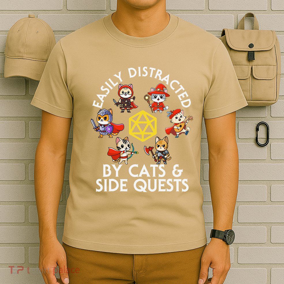 Rpg Gamer Cats Side Quests D20 Dice Nerdy Cat T-Shirt