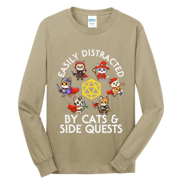 Rpg Gamer Cats Side Quests D20 Dice Nerdy Cat Tall Long Sleeve T-Shirt