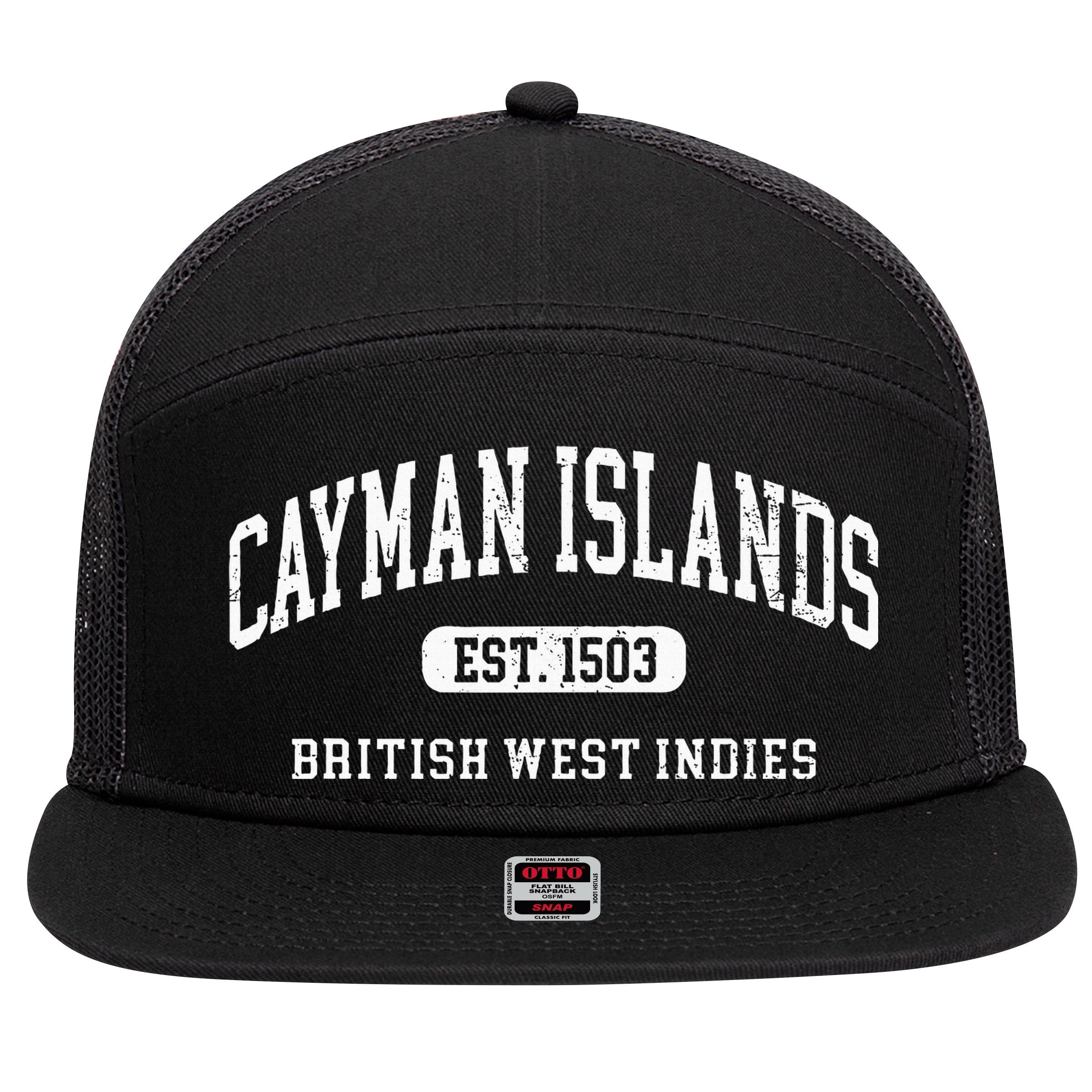 Retro Grand Cayman Islands 1503 Vintage Vacation Souvenir 7 Panel Mesh Trucker Snapback Hat