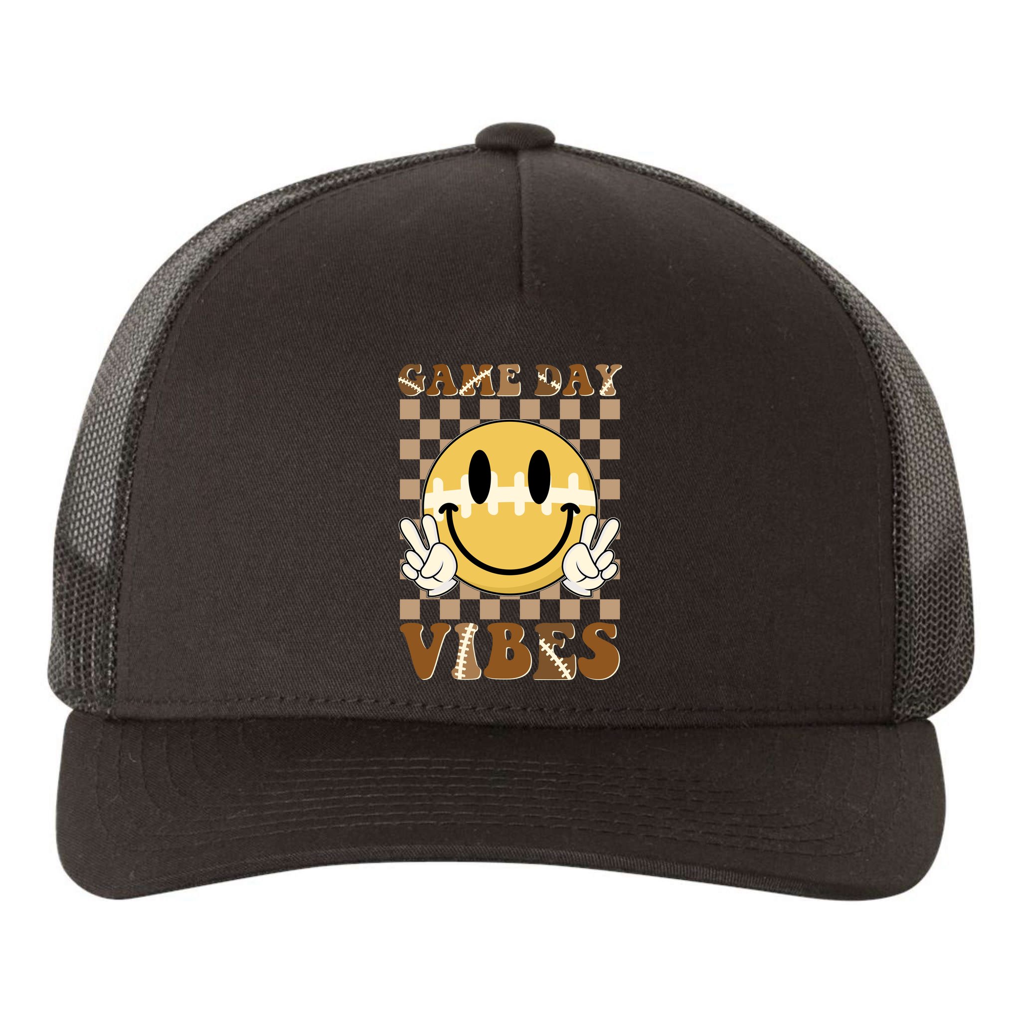 Retro Game Day Vibes Smiley Emoji Football Fan Yupoong Adult 5-Panel Trucker Hat