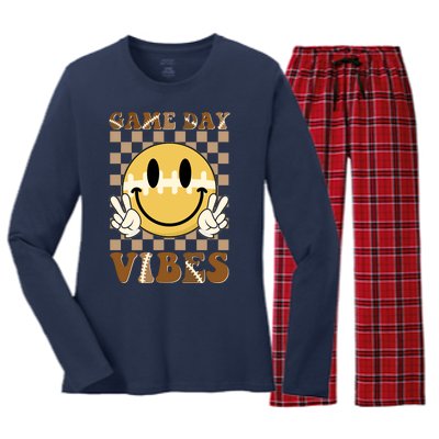 Retro Game Day Vibes Smiley Emoji Football Fan Women's Long Sleeve Flannel Pajama Set 