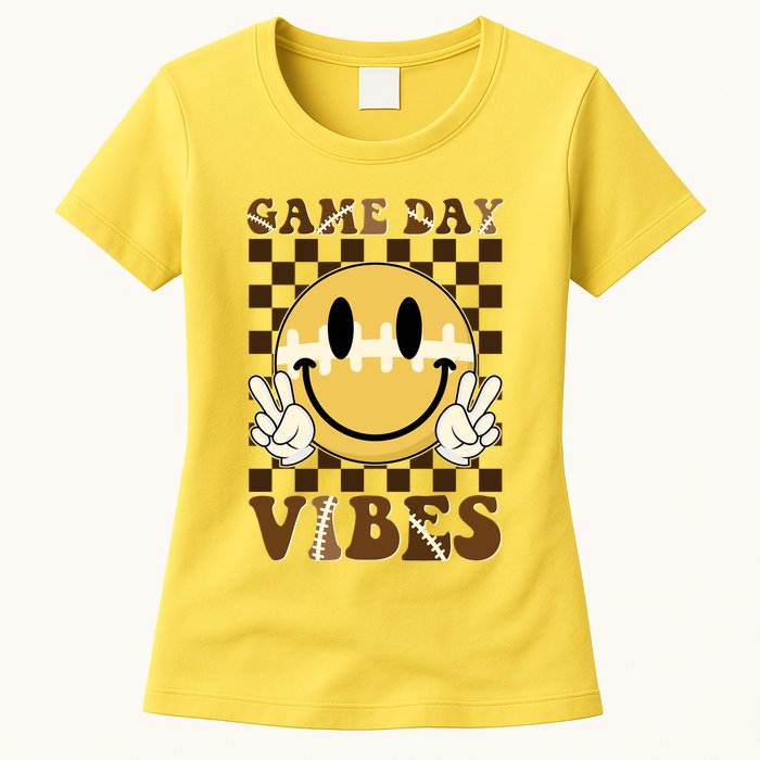 Retro Game Day Vibes Smiley Emoji Football Fan Womens T-Shirt