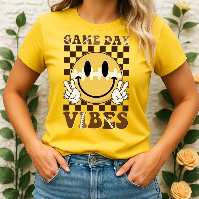 Retro Game Day Vibes Smiley Emoji Football Fan Womens T-Shirt