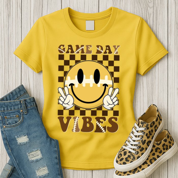 Retro Game Day Vibes Smiley Emoji Football Fan Womens T-Shirt