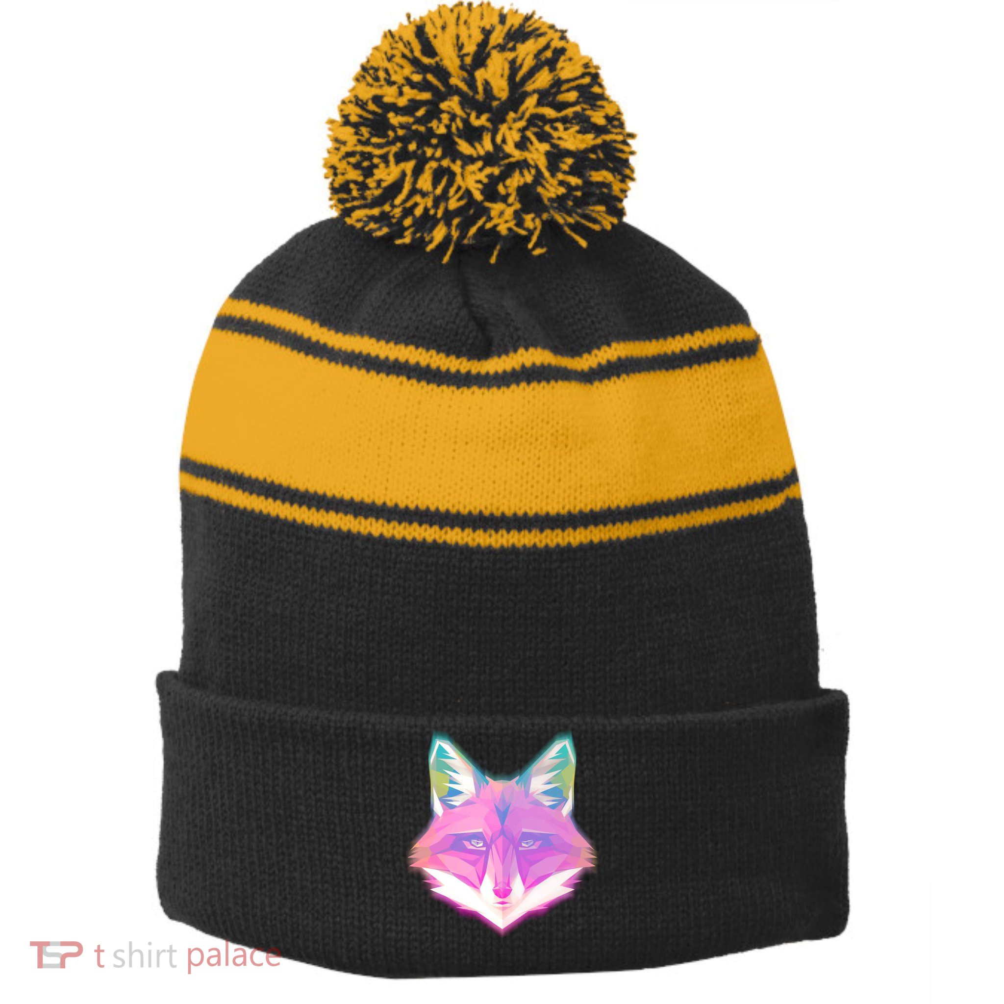 Retro Glowing Digital Polygon Fox Stripe Pom Pom Beanie