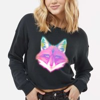 Retro Glowing Digital Polygon Fox Cropped Pullover Crew