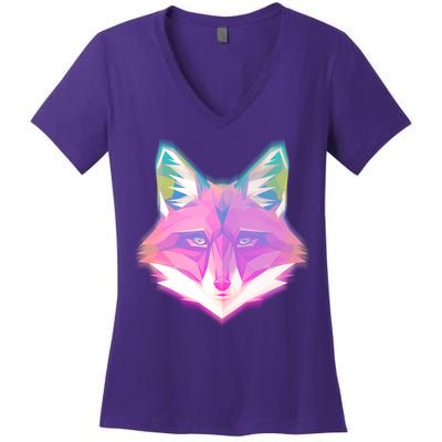 Retro Glowing Digital Polygon Fox Women's V-Neck T-Shirt