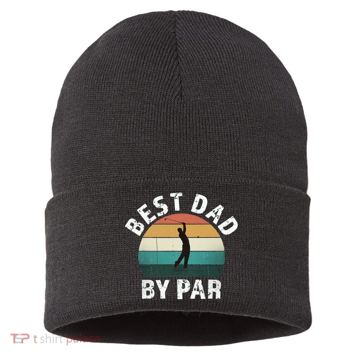 Retro Golfer Dad Fun Vintage Sunset Father Playing Golf Pun Sustainable Knit Beanie