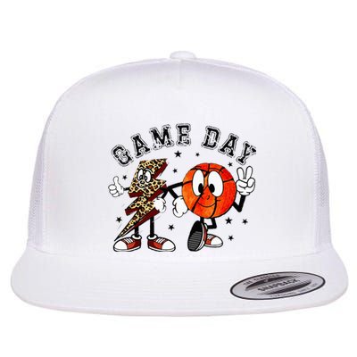 Retro Game Day Basketball Lighting Bolt Leopard Basketball Flat Bill Trucker Hat