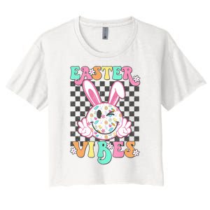 Retro Groovy Easter Vibes Bunny Checkered Smile Women's Crop Top Tee