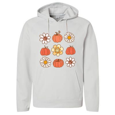 Retro Groovy Fall Vintage Pumpkin Flower Hippie Halloween Performance Fleece Hoodie