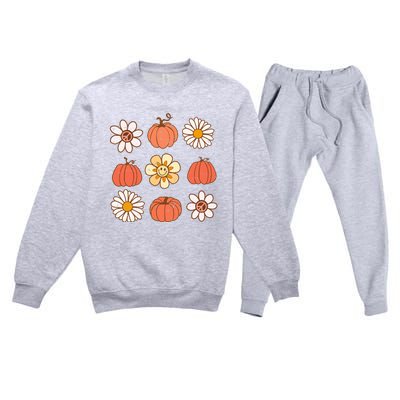 Retro Groovy Fall Vintage Pumpkin Flower Hippie Halloween Premium Crewneck Sweatsuit Set