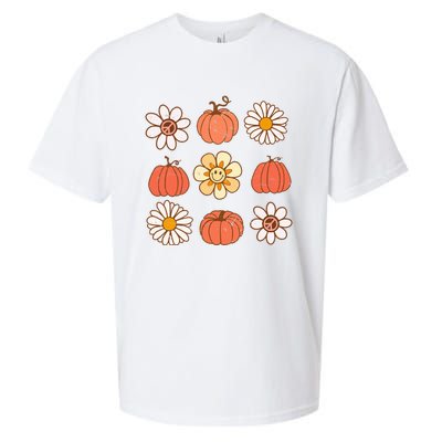 Retro Groovy Fall Vintage Pumpkin Flower Hippie Halloween Sueded Cloud Jersey T-Shirt