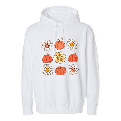 Retro Groovy Fall Vintage Pumpkin Flower Hippie Halloween Garment-Dyed Fleece Hoodie