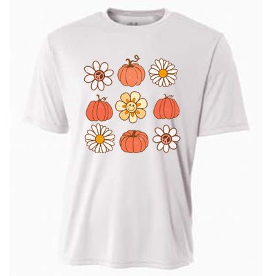 Retro Groovy Fall Vintage Pumpkin Flower Hippie Halloween Cooling Performance Crew T-Shirt