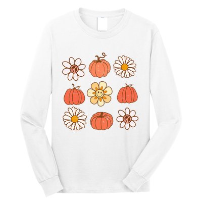 Retro Groovy Fall Vintage Pumpkin Flower Hippie Halloween Long Sleeve Shirt