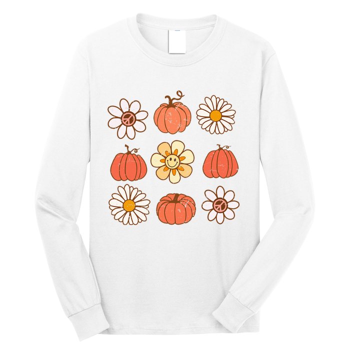 Retro Groovy Fall Vintage Pumpkin Flower Hippie Halloween Long Sleeve Shirt